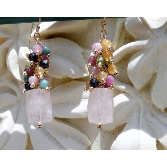 Bubble Gum Rose Quartz-Watermelon Tourmaline Gold Beaded Earrings FUN Pink - Picture 1 of 6